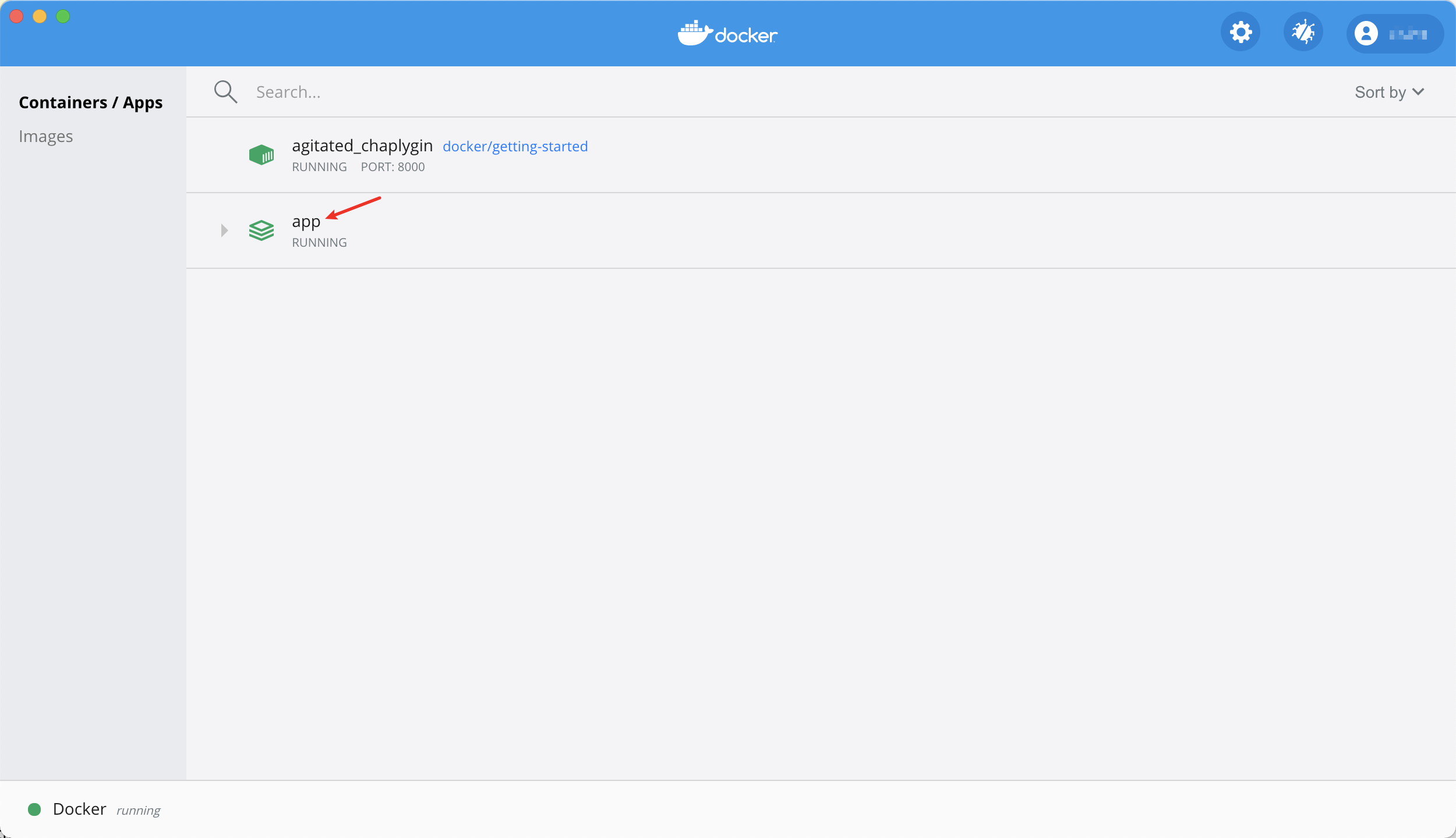 Docker Dashboard with app project