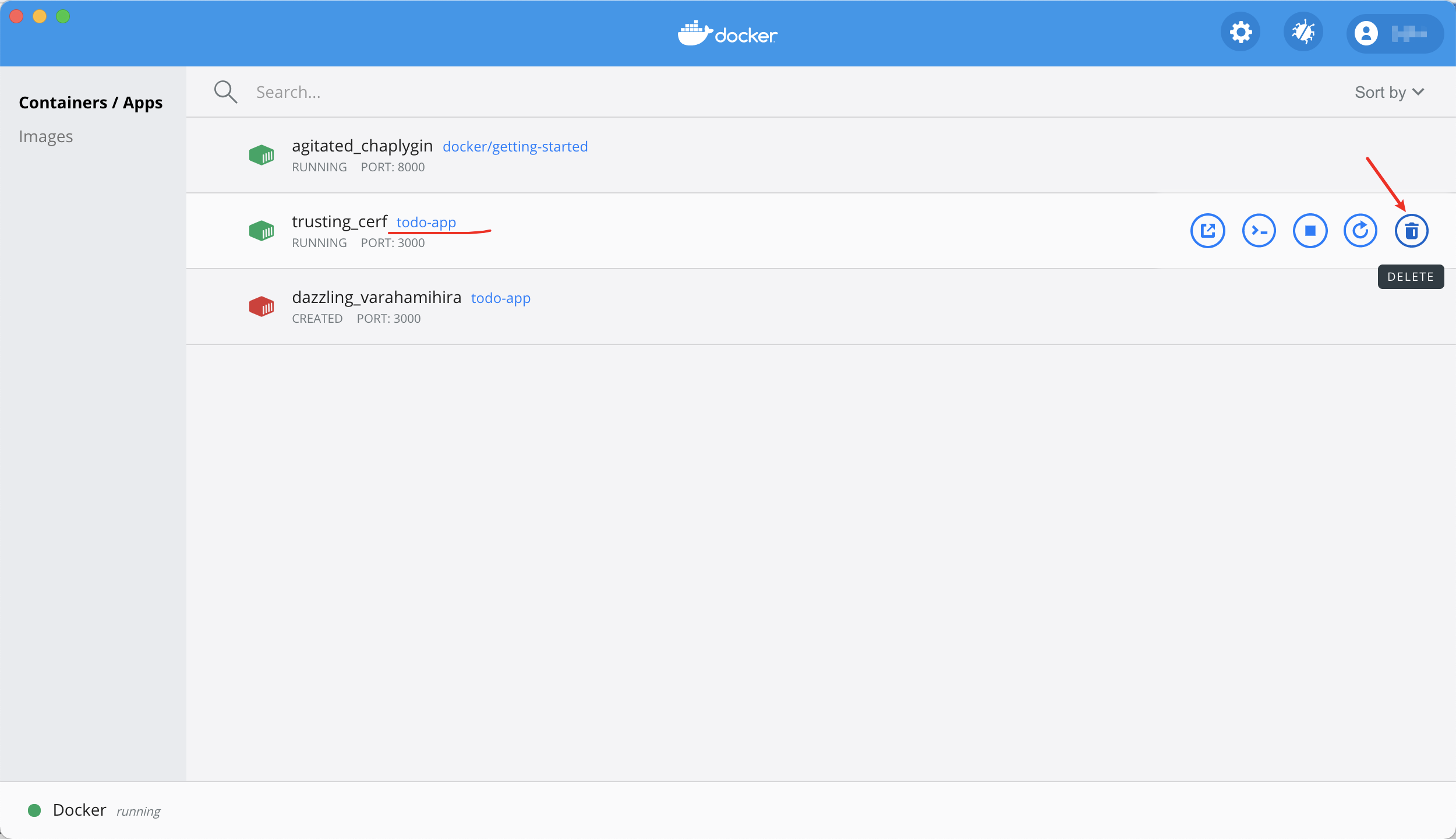 Docker Dashboard - removing a container