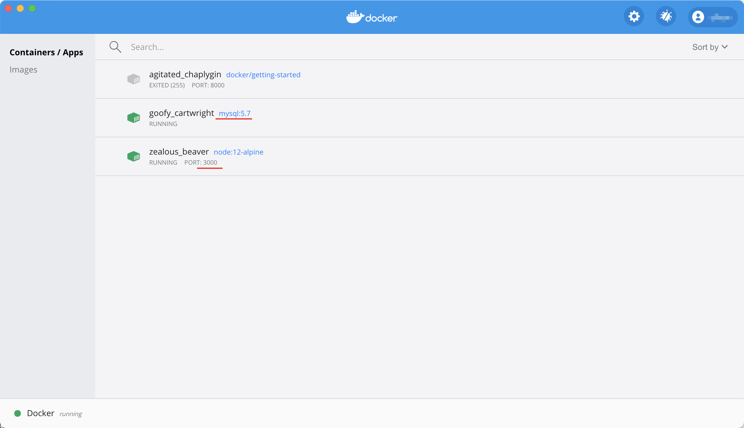 Docker Dashboard showing two ungrouped app containers