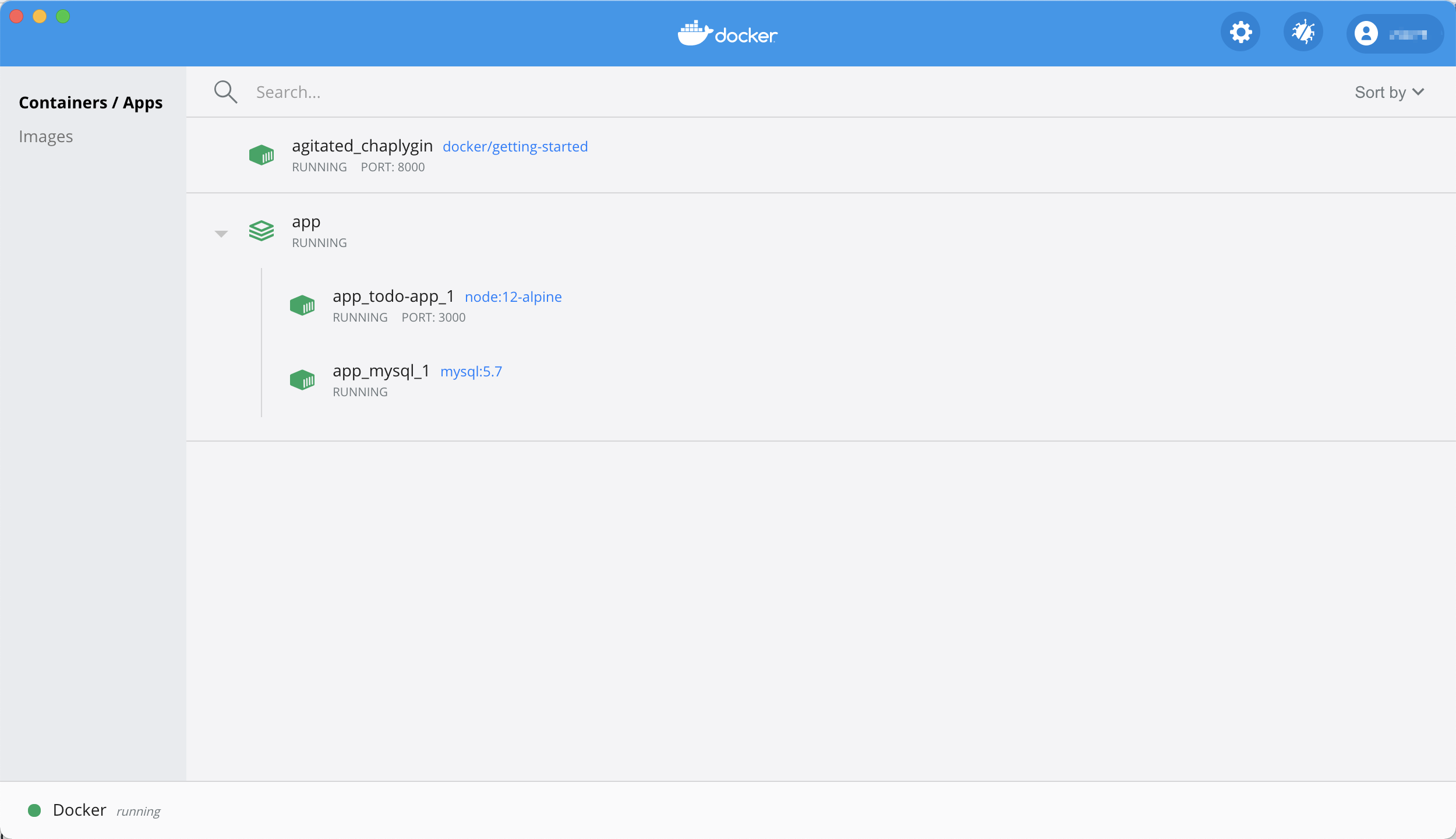 Docker Dashboard with app project expanded